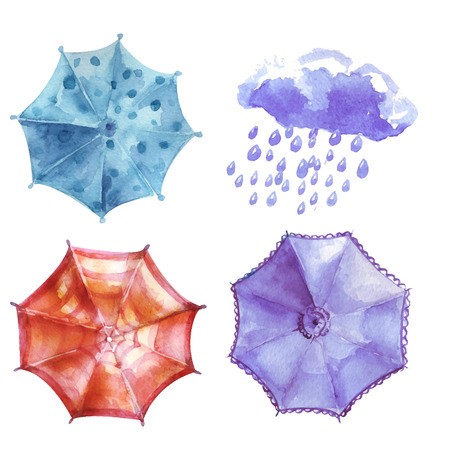 Watercolor set of umbrellas,  cloud, heavy rain. Umbrellas from a rain, female umbrellas. Vector illustrationのイラスト素材
