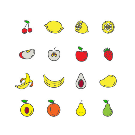 Set color line icons fruit. Banana, apple, strawberry, cherry, pear, avocado, mango, lemon, peach. Vector illustrationのイラスト素材