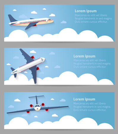 Set of web banners. Flight of the plane in the sky. Passenger planes, airplane, aircraft, flight, clouds, sky, sunny weather. Color flat icons. Vector illustrationのイラスト素材