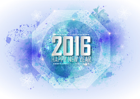 Greeting card Happy New Year 2016. Blue water color background, stars, holiday, shine, mandala, snowflakes. Vector illustrationのイラスト素材