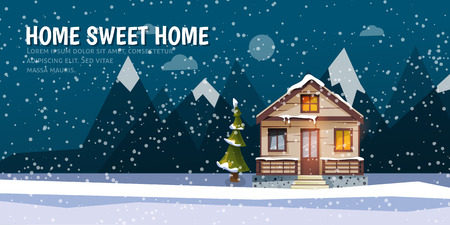 Sweet family home among mountains. A winter banner in flat style. Rent of the home. Vector illustrationのイラスト素材