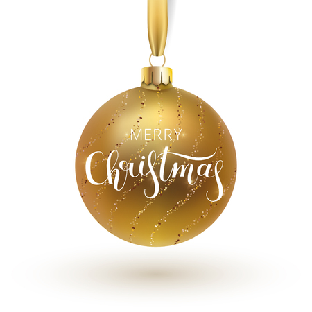 Christmas greeting card. Gold Christmas ball, with an ornament and spangles.Hand drawn lettering. Vector illustration.のイラスト素材