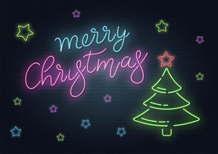 Christmas greeting card, vector background. Christmas lettering in Neon style on brick background. Blue and Purple neon colors, neon stars and xmas fir-tree. Hand drawn lettering. Vectorのイラスト素材
