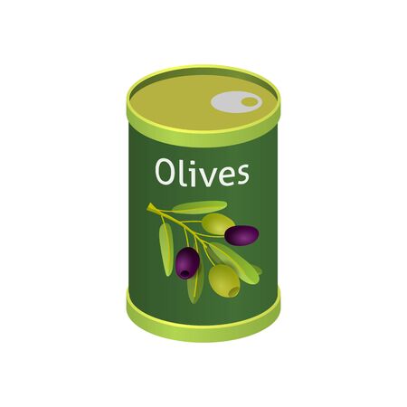 Olives in metallic can with brand label. Isolated flat vector element for advertising placard or banner. Vector illustration on white isolated backgroundのイラスト素材