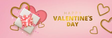 Happy Valentines Day greeting card. Realistic 3d hearts on pink background. Love and wedding. Vector illustrationのイラスト素材