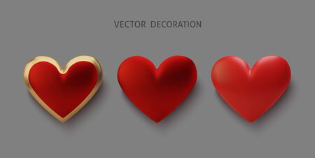 Set Realistic 3d gold and red heart. Happy Valentines Day greeting card. Love and wedding. Graphic element for design. Vector illustrationのイラスト素材