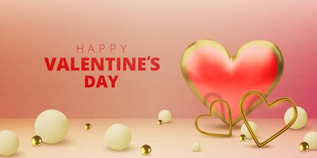 Happy Valentines Day greeting card. Realistic 3d hearts on red background. Love and wedding. Vectorのイラスト素材