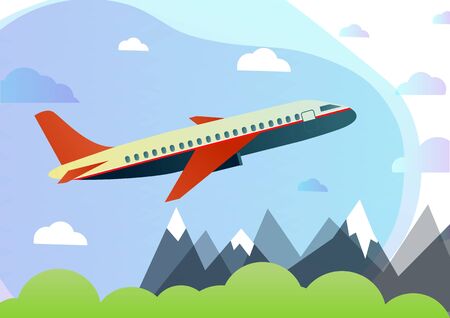 Flight of the plane in the sky. Passenger planes, airplane, aircraft, flight, clouds, sky, sunny weather. Color flat icons. Vector illustrationのイラスト素材