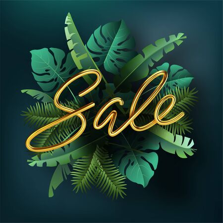 Hello summer, summertime, sale. Text poster against the background of tropical plants. Palm leaves, jungle leaf and gold lettering. The poster for sale and an advertizing sign. Vector illustrationのイラスト素材