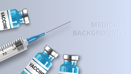 Realistic glass ampoules and syringe. Vaccine injection Coronavirus Covid-19, novel coronavirus. Medical background. Vector illustrationのイラスト素材