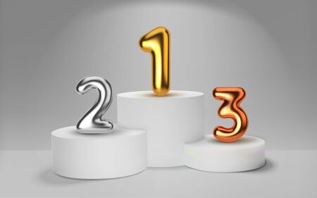 White winners podium 3D render. Number in the form of golden balloons. Awarding of winners of sports competitions. Round realistic pedestal. Vectorの写真素材