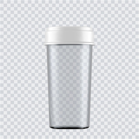 Realistic mock up glass bottles for drugs, tablets. 3d Plastic blank medical containers isolated on transparent background. Vector illustrationのイラスト素材