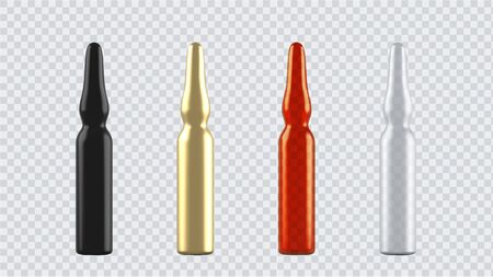 Realistic glass bottles, ampules. 3d Plastic and glass blank medical containers isolated on transparent background. Vector illustrationのイラスト素材