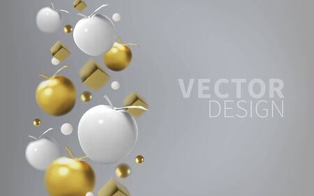 Abstract background with gold apple and metalic spheres, cube, front view. 3D template for products, advertizing, web banners, vectorのイラスト素材