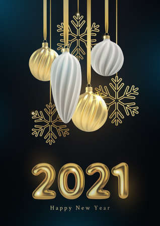 Christmas background with Christmas tree toys of white and gold, a spiral balls and snowflakes on a black vertical background, with the inscription 2021.のイラスト素材