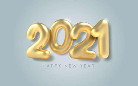 3D Realistic golden inscription balloon 2021 on blue background. Golden metallic text new year for banner design. Vectorのイラスト素材