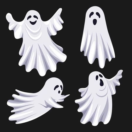 Flat illustration with white ghosts on black background for decoration design. Halloween Vector...
