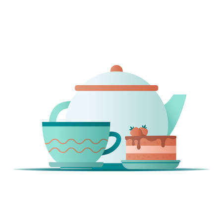 Flat illustration teapot and tea mug with strawberry cake on white background for concept design. Vector illustrationのイラスト素材