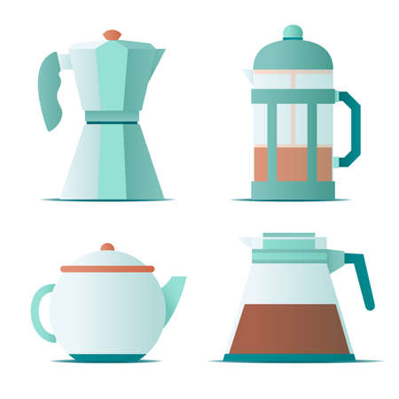 Flat icon with teapots, french press for making coffee and tea on white background for concept design. Vectorのイラスト素材