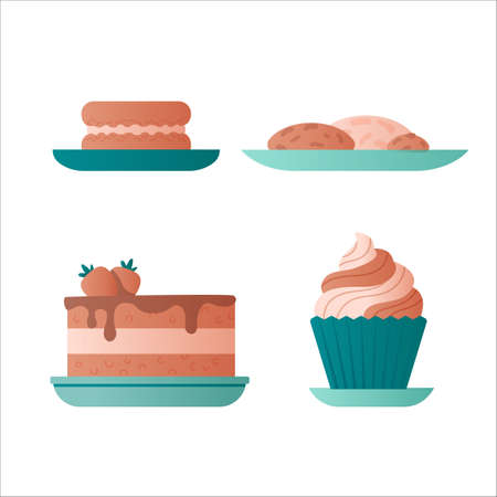 Cakes, great design for any purposes. Tasty confectionery collection. Flat vector illustration.のイラスト素材