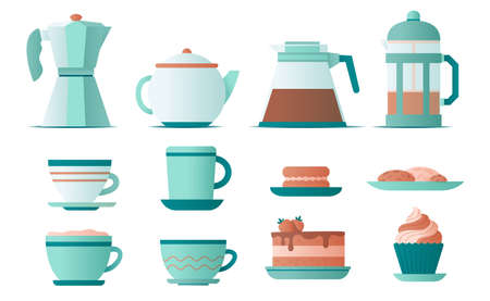 Different cups, coffee kettles and sweet dessert. Flat vector illustration.のイラスト素材