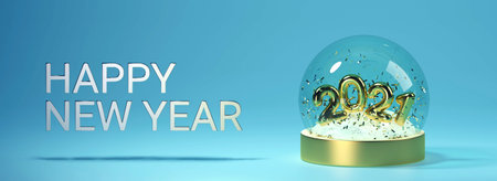 Christmas Snow globe with gold inscription 2021, snow and flying serpentine inside, realistic 3D...
