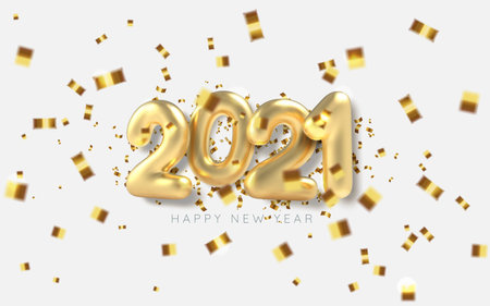 Inscription 2021 Happy new year background in realistic style on white background.
