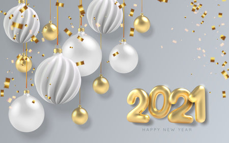2021 Happy new year background white and gold Christmas ball in realistic style. Gold realistic serpentine.のイラスト素材