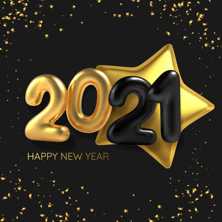 3D Realistic inscription balloon 2021 and golden star on black background. Vector illustration.のイラスト素材