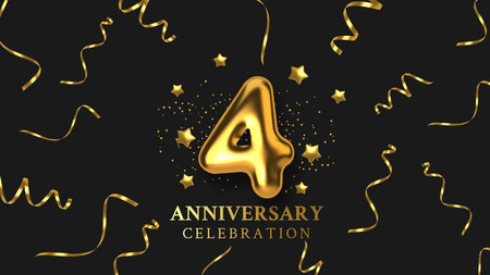 4th Anniversary celebration. Number in the form of golden balloons. Realistic 3d gold numbers and sparkling confetti, serpentine. Horizontal template for Birthday or wedding event. Vectorのイラスト素材