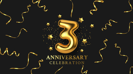 3th Anniversary celebration. Number in the form of golden balloons. Realistic 3d gold numbers and sparkling confetti, serpentine. Horizontal template for Birthday or wedding event. Vectorのイラスト素材