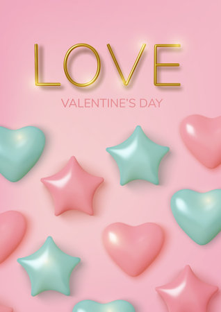 Valentines Day greeting card. Realistic 3d pink and blue balloons hearts and stars. Love and wedding. Template for products, web banners and leaflets. Vector illustrationのイラスト素材
