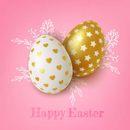 Realistic Gold and white easter eggs with heart and stars ornaments on pink background. Vector illustrationのイラスト素材
