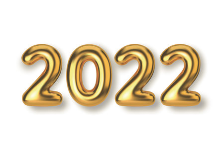 Happy New Year 2022. Background realistic golden text balloons. Horizontal template for products, advertizing, web banners, leaflets, certificates and postcards. Vector illustration.のイラスト素材
