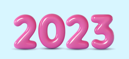 Happy New 2023 Year. Pink number made of plastic in the form of balloons. Realistic 3d render. Vector illustrationのイラスト素材