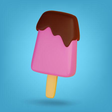 Chocolate glazed pink ice cream on stick. On blue background. 3D Rendering. Vector illustrationのイラスト素材