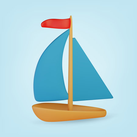 3d toy boat. Realistic render on blue background. Vector illustration.のイラスト素材