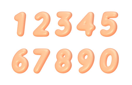 Realistic 3d numbers color Peach Fuzz. Number in the form of pastel balloons. Template for products, advertising, web banners, leaflets, certificates and postcards. Vector illustrationのイラスト素材
