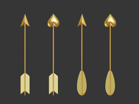 Set of Golden Arrows pointing right up, the tip in form of heart and cone. Valentines day card. Realistic 3d Icon isolated on grey background. Vector illustrationのイラスト素材