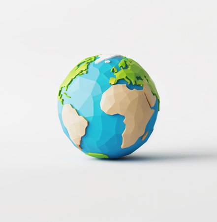 Earth Day Illustration. Low poly model of the world in electric blue on a white backgroundの素材
