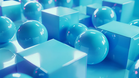 3d background with image of abstract spheres and cubes. Blue banner with the image of shapes balls and cubes.の素材