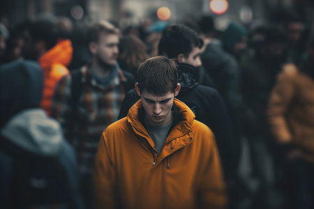 Lone man in the midst of a crowd. Sad Man standing in the middle of a crowd on a city street wearing an orange jacketの素材