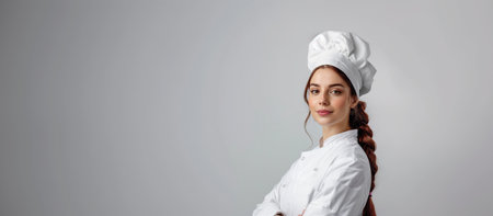 Portrait of young women chef. Female and smiling, standing over gray backgroundの素材