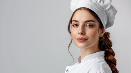 Portrait of young women chef. Female and smiling, standing over gray backgroundの素材