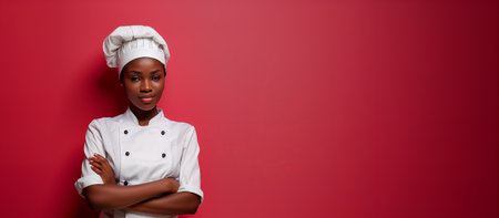 Portrait of young and dark-skinned female chef. Female and smiling, standing over red backgroundの素材