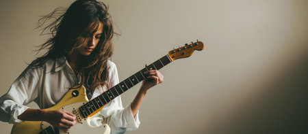 Woman playing electric guitar on grey backgroundの素材