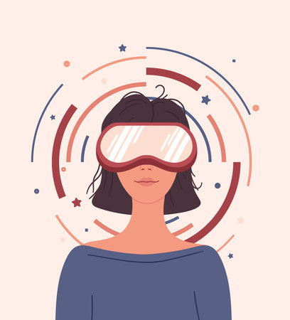 Girl looking through virtual reality goggles. Modern woman in futuristic glasses. Colored flat cartoon, person working with VR headset. Vector illustration.のイラスト素材