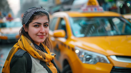 A woman taxi driver stands by the carの素材