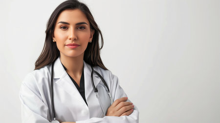 Ð¡onfident female doctor in hospital, looking at camera with smile. Beautiful womandoctor in white coat with stethoscope, waist up standing over white background.の素材