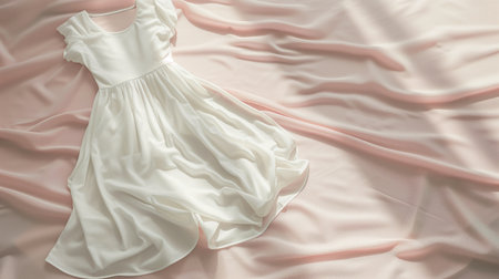 Mockup of white women cotton dress on pink background. Layout mock up ready for your design preview.の素材